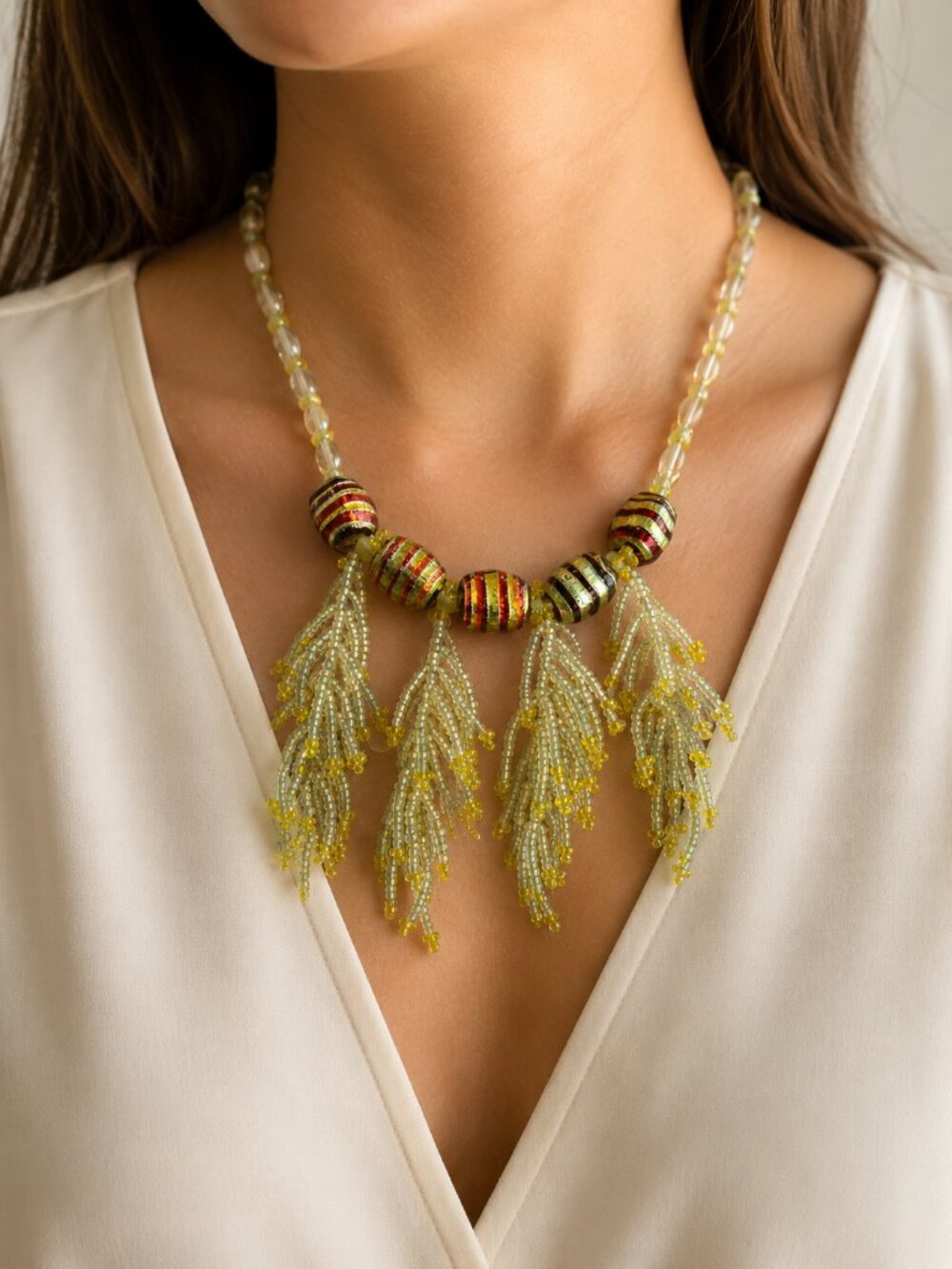 Vintage Style Artisan Fringe Necklace Spiritual Inspired Beaded Statement 10"